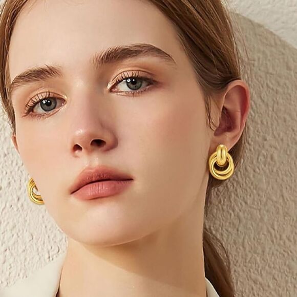18K Gold Geometric Dangle Drop Earrings - Picture 1 of 6